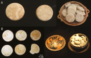 Standardisation de la fabrication du blanc de plomb sous forme de pastilles. A) Cimetière du Céramique, Athènes, tombe 24 ; B) pyxide tripode, musée national d’Athènes.